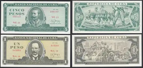 Kuba - Cuba - 1 + 5 Pesos Banknoten aus 1988 UNC (1) Pick 102d + 103d   (31952