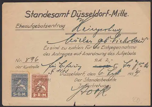 Ehe-Aufgebot-Antrag Standesamt Düsseldorf Mitte 1934    (20504