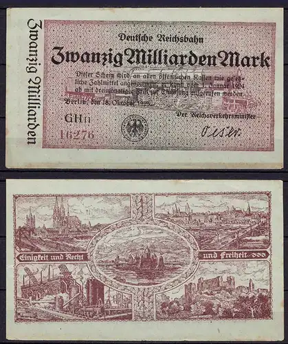 Reichsbahn Berlin 20 Milliarden Mark Banknote 1923      (ca725