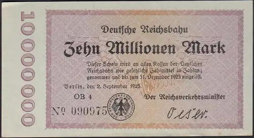Reichsbahn Berlin 10 Millionen Mark 1923 XF  (14627