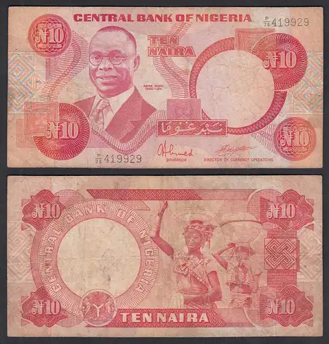 NIGERIA - 10 NAIRA Banknote  PICK 25d (1984-2000) F- (4-) sig. 9    (31969