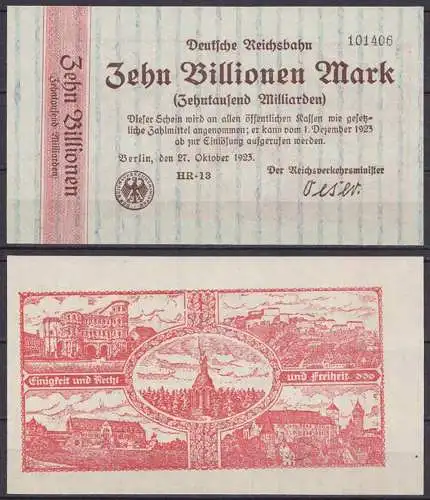 Reichsbahn Berlin 10 Billionen Mark 1923 RS Einigkeit + Recht + Freiheit  (ca723