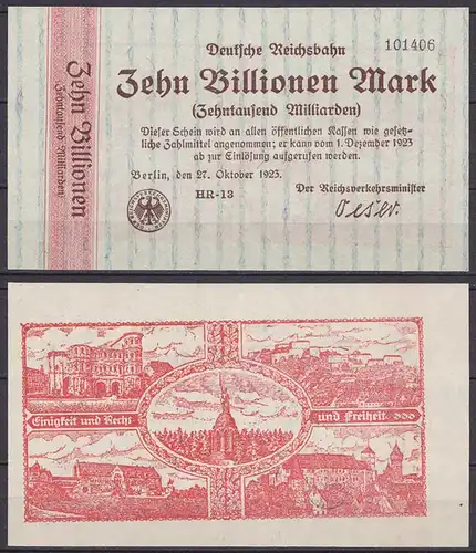 Reichsbahn Berlin 50 Billionen Mark 1923 RS Einigkeit + Recht + Freiheit  (ca723