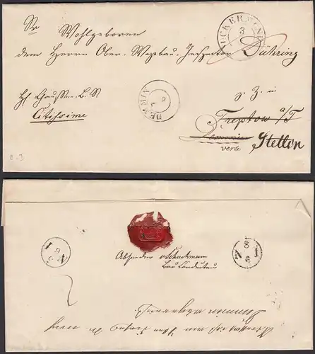 ca. 1840 Umschlag UCKERMÜNDE K2 nach DEMMIN K2 und weiter nach Stettin    (32100