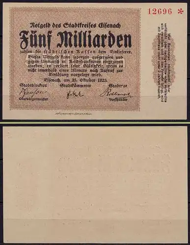 Thüringen Stadtkreis Eisenach 5 Milliarden Mark 1923 UNC    (ca694