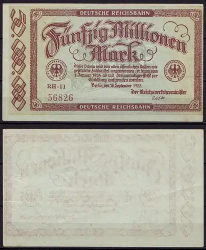 Reichsbahn Berlin 50 Millionen Mark Banknote 1923     (ca727