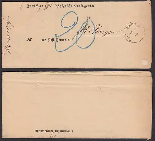 1875 ALT-KISCHAU R1 - POST-Insinuations-Document Königl. Kreisgericht     (32053