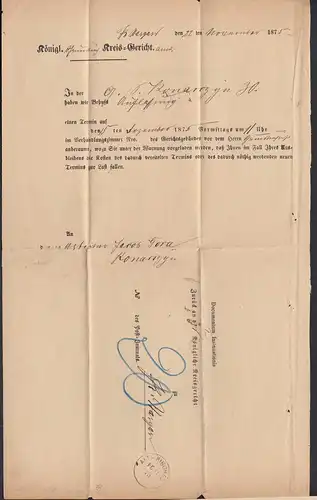 1875 ALT-KISCHAU R1 - POST-Insinuations-Document Königl. Kreisgericht     (32053