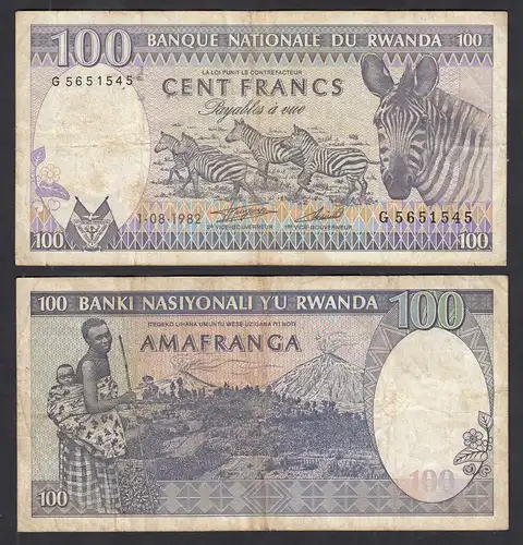 RUANDA - RWANDA 100 Francs Banknote 1982 aVF (3-) Pick 18  (32035