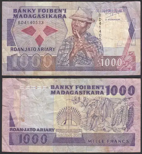 Madagaskar - Madagascar 1000 Francs  (1988-93) Pick 72b F (4) sig.3    (32032