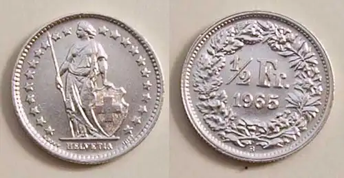 Schweiz - Switzerland 1/2 Franken 1965 SILVER Silber COIN    (b501