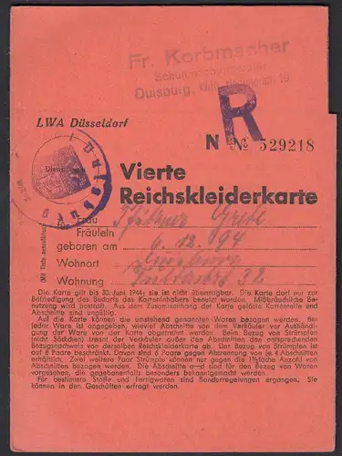 Reichskleiderkarte 3.Reich 1940 Duisburg LWA Düsseldorf    (23146