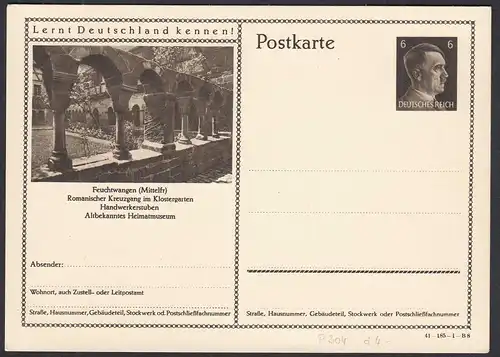 Deutsches Reich 1941 Ganzsache P304 Bildpostkarte Feuchtwangen  (32147