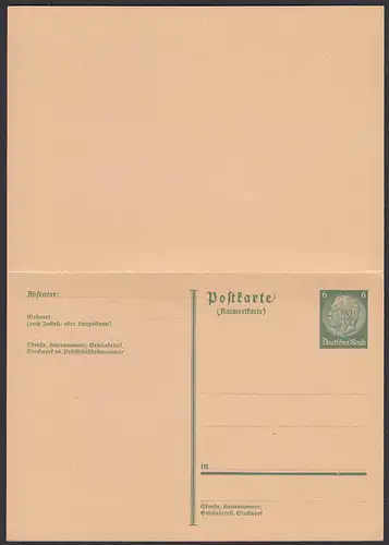 Deutsches Reich 1933 Ganzsache P220I mit Antwortkarte ungebraucht   (32154