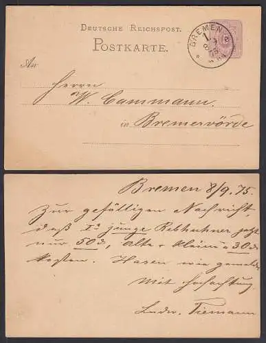 BREMEN Deutsches Reich 1875 5 Pfennige Postkarte nach BREMERVÖRDE    (32208