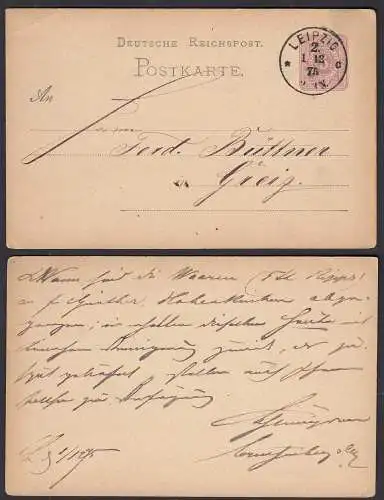 LEIPZIG Deutsches Reich 1875 5 Pfennige Postkarte nach GREIZ    (32207