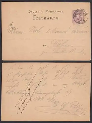 COBLENZ Deutsches Reich 5 Pfennige Postkarte nach CÖLN    (32206