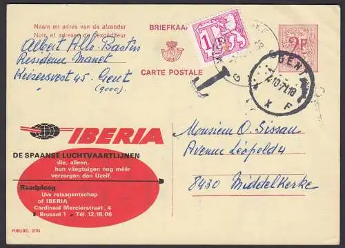 Belgien - Belgium 1971 Postkarte Gent nach Middelkerk mit Nachgebühr   (25904