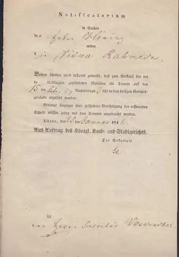 Altena Sauerland Zeitbeleg 1842 Notificatorium aus Auftrag Königlichen Gerichtes