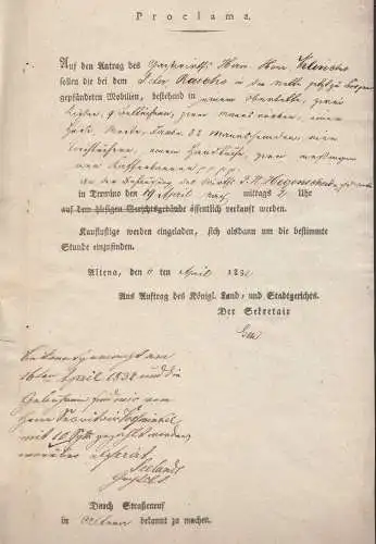 Altena Zeitbeleg 1832 Proklama Bekanntmachung öffentlicher Verkauf gepf.Mobilien