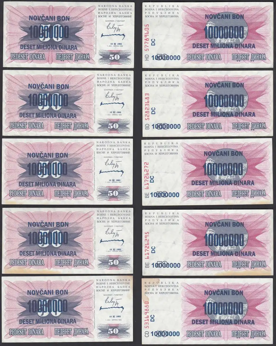 BOSNIEN - HERZEGOWINA - 5 Stück á 10-Million Dinara 1993 Pick 36 VF/XF (3/2) 