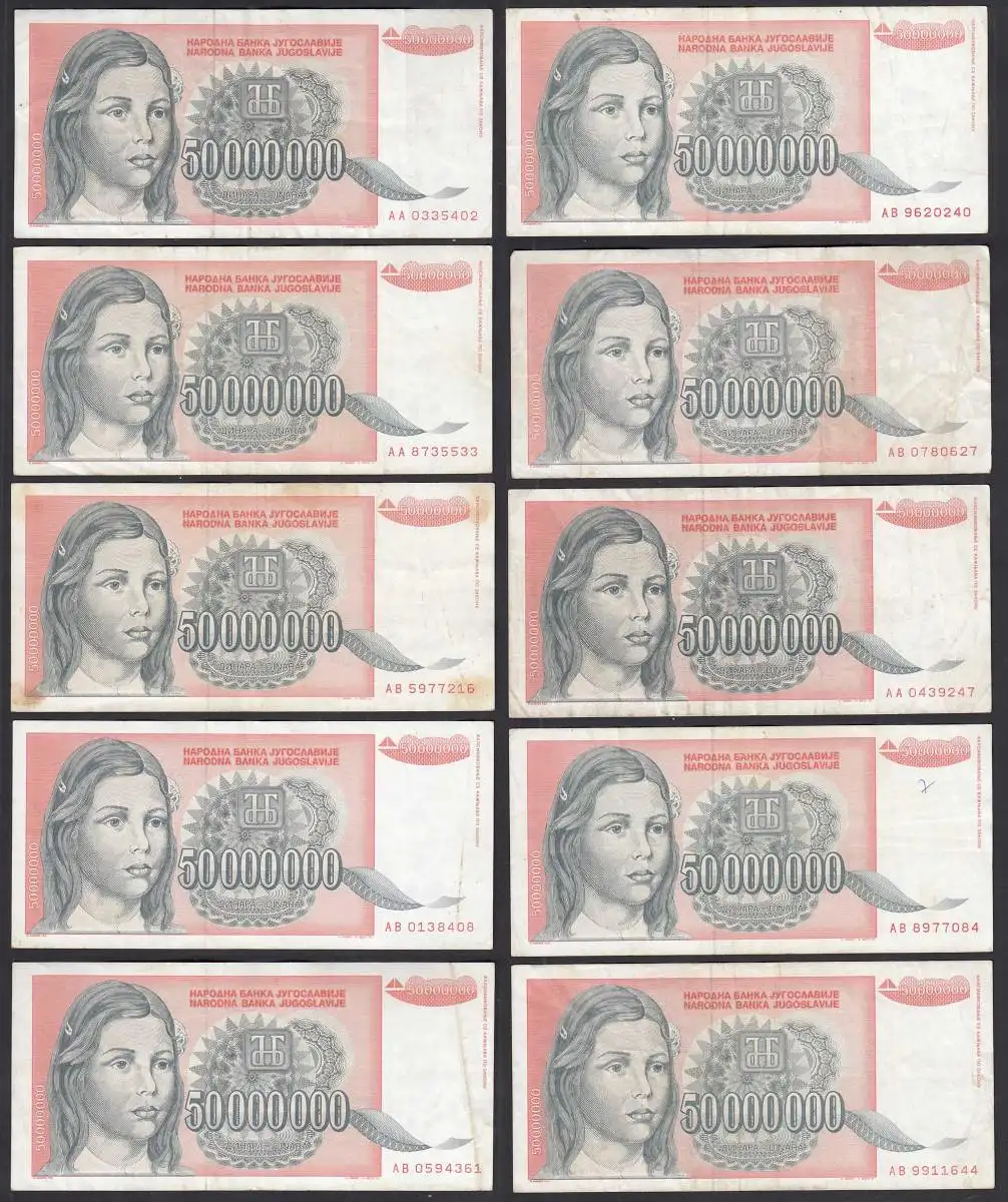 Jugoslawien - Yugoslavia 10 Stück á 50-Millionen Dinara 1993 Pick 136 F/VF (4/3)