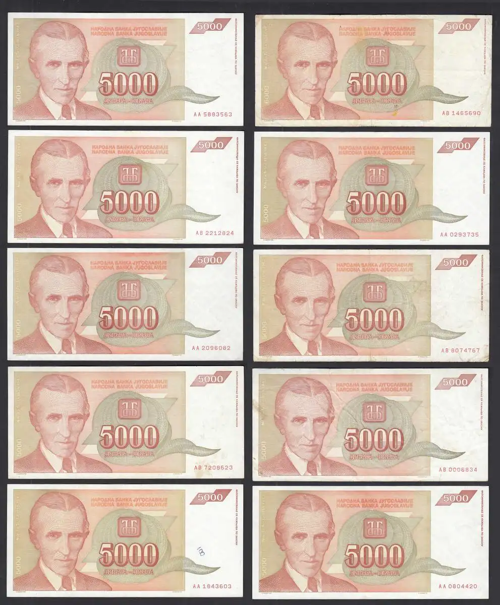 JUGOSLAWIEN - YUGOSLAVIA  10 Stück á 5000 Dinara 1993 Pick 128 ca.VF (3)  (32252