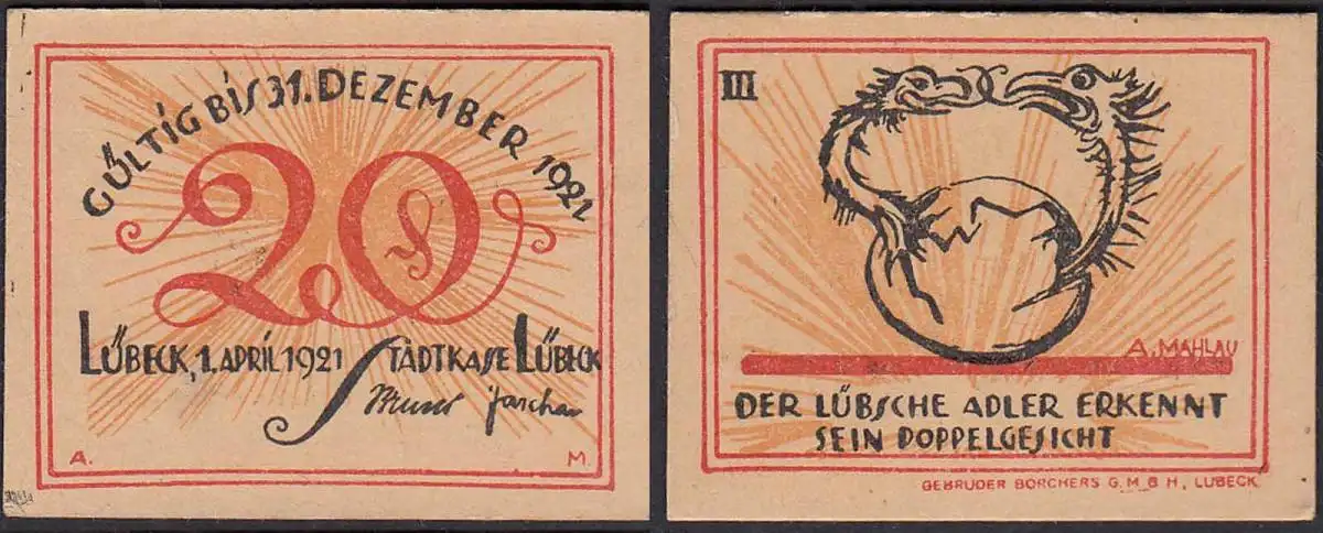 LÜBECK 1921 20 Pfennig Notgeld Gutschein Doppelgesicht    (32269