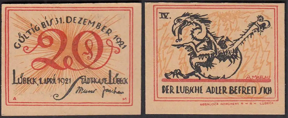 LÜBECK 1921 20 Pfennig Notgeld Gutschein Adler befreit    (32270