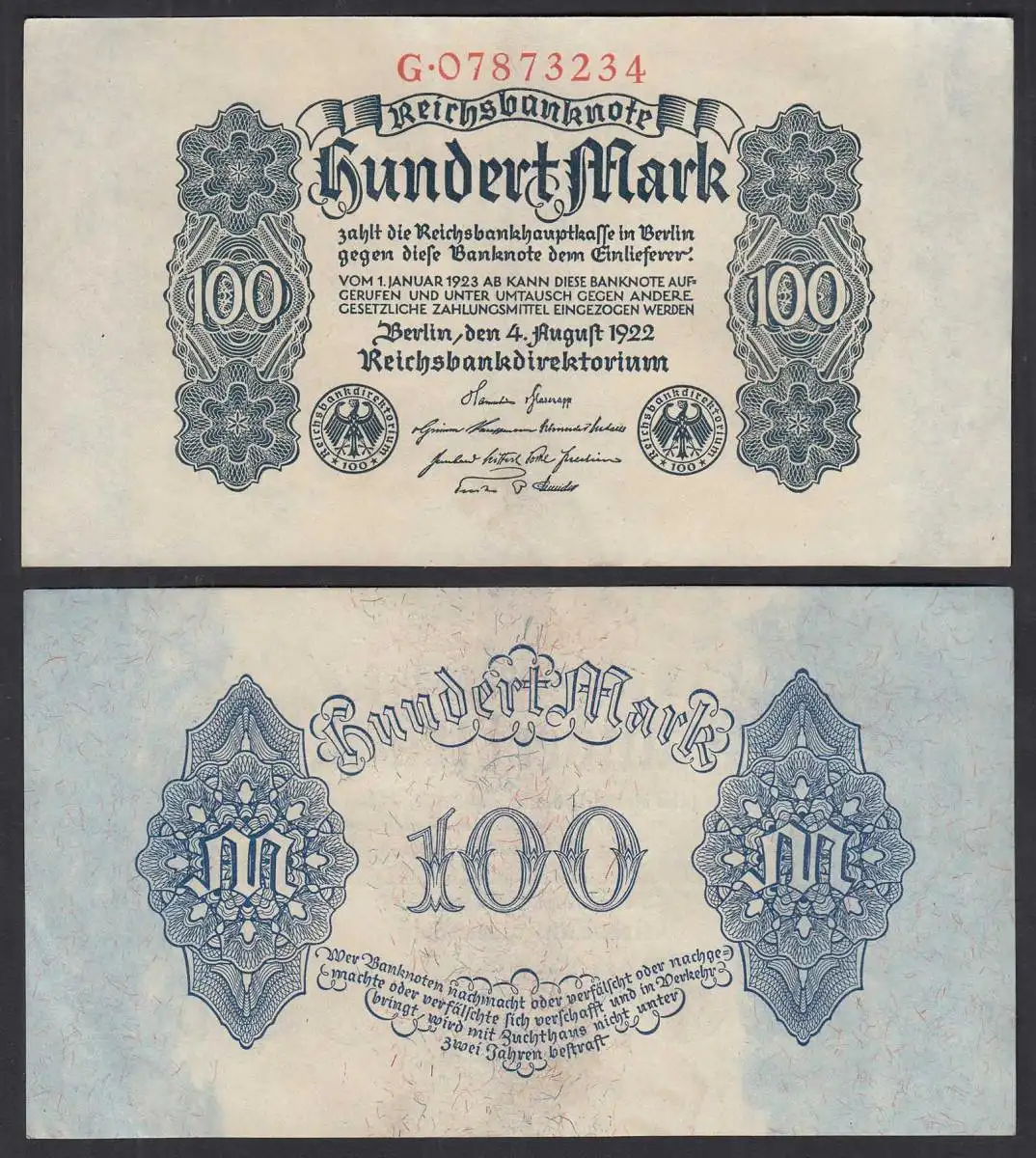 Ro 72 Reichsbanknote 100 Mark 1922 Pick 75 Serie G  XF (2)   (32274
