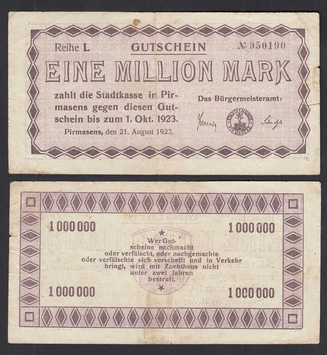 Pirmasens 1923 1- Million Mark Gutschein Notgeld     (32277