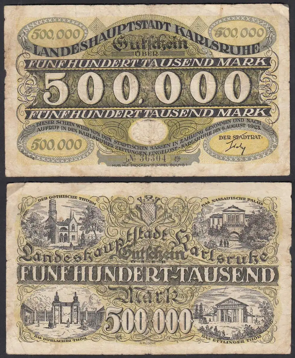 Karlsruhe Zeitung 1923 500.000 500000 Mark Gutschein Notgeld     (32278