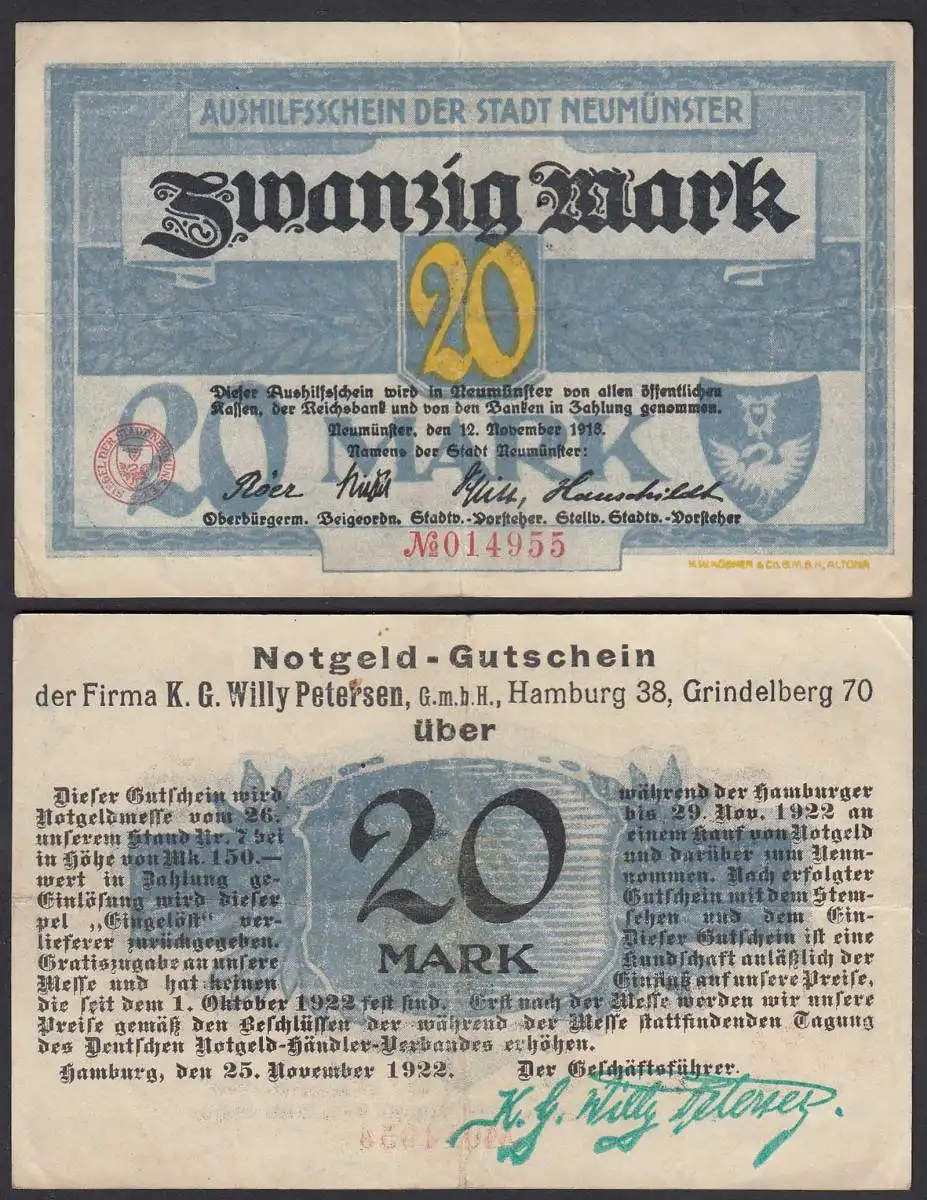 GERMANY - NEÜMUNSTER 20 Mark NOTGELD Gutschein 1918   (26093