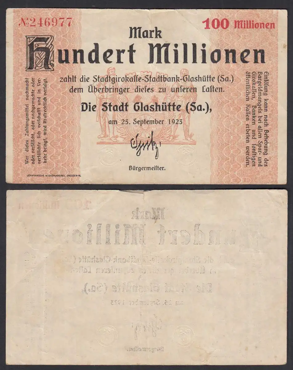 Glashütte 100 Millionen Mark NOTGELD Gutschein 1923   (32281