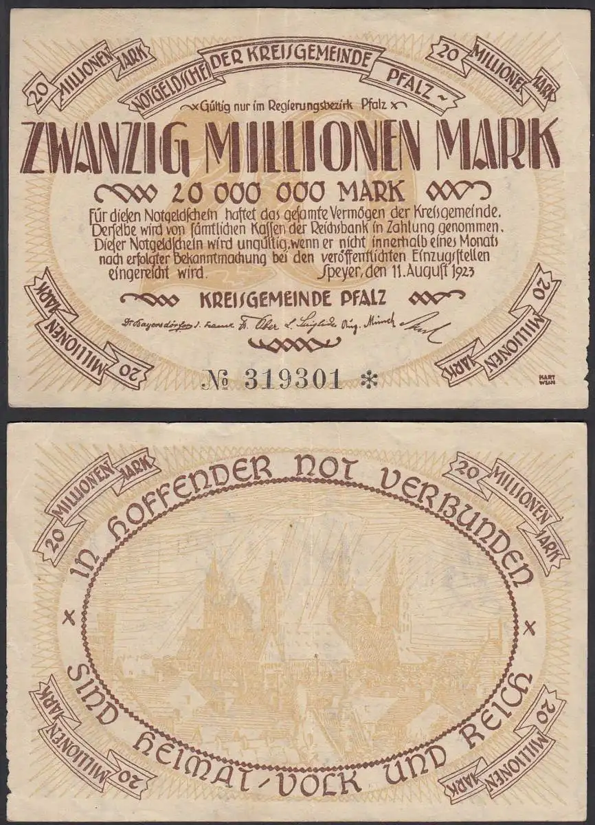 Speyer Kreisgemeinde Pfalz 20 Millionen Mark NOTGELD Gutschein 1923     (32282