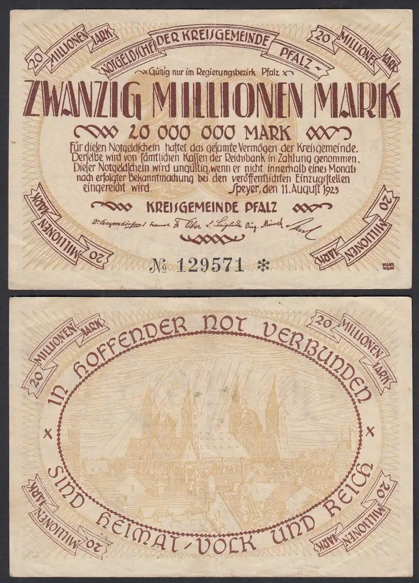 Speyer Kreisgemeinde Pfalz 20 Millionen Mark NOTGELD Gutschein 1923 VF   (32283