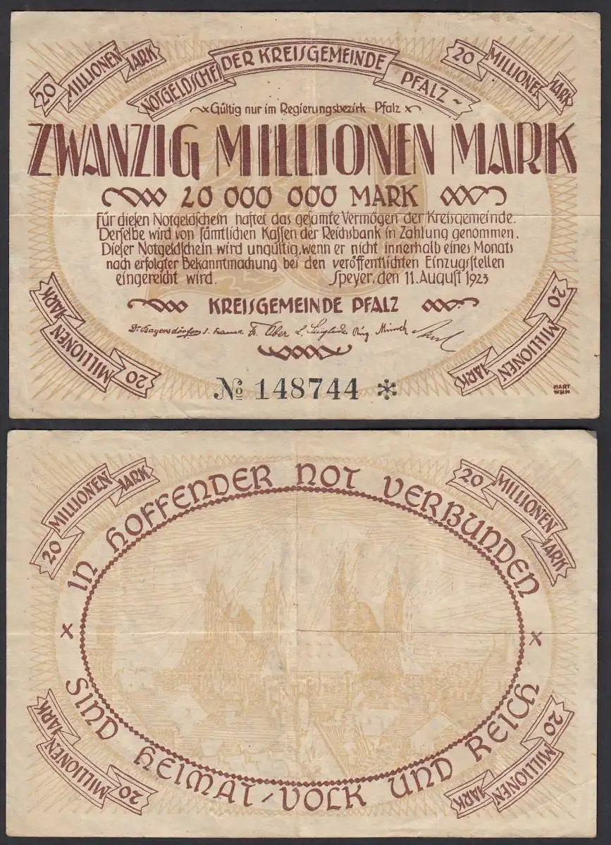 Speyer Kreisgemeinde Pfalz 20 Millionen Mark NOTGELD Gutschein 1923 VF   (32284
