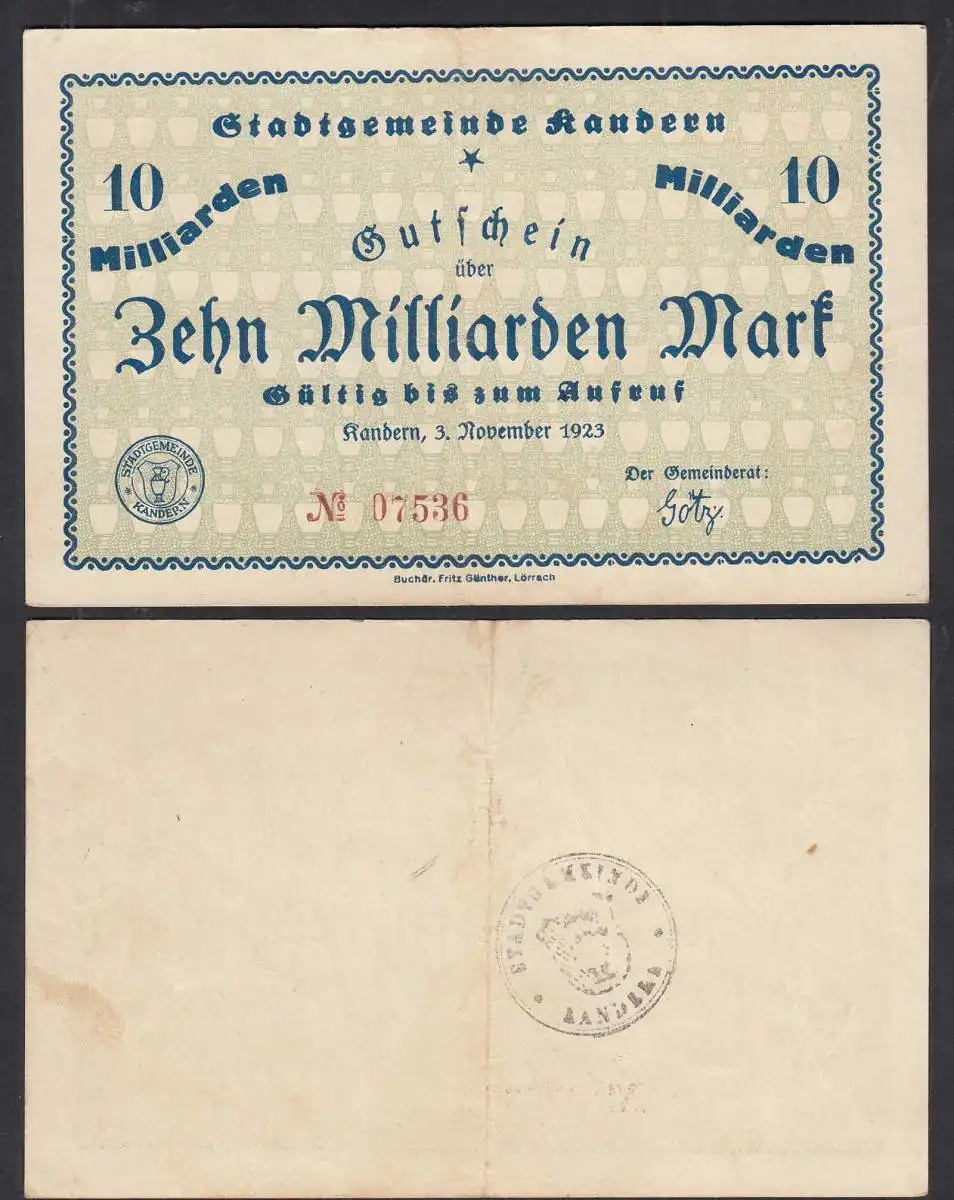 Kandern 10 Milliarden Mark NOTGELD Gutschein 1923    (32286