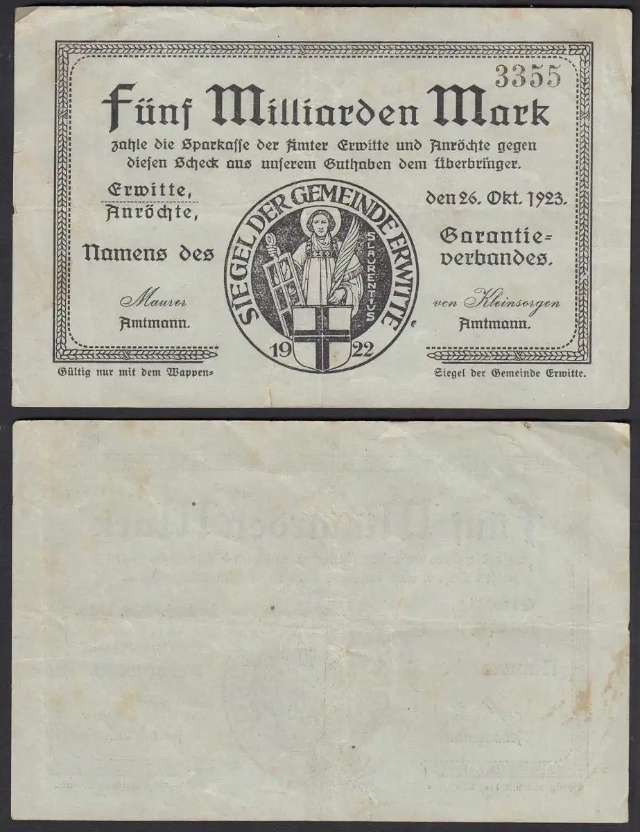 ERWITTE - ANRÖCHTE 5 Milliarden Mark NOTGELD Gutschein 1923    (32288