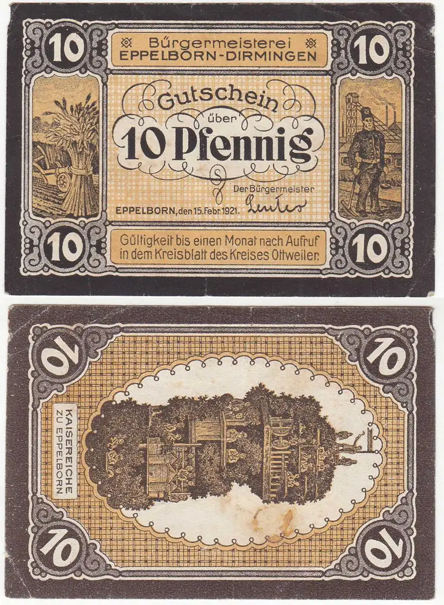 Eppelborn-Dirmingen 10 Pfennig NOTGELD Gutschein 1921   (32290