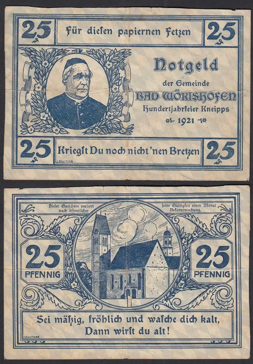 Bad Wörishofen 25 Pfennig NOTGELD Gutschein 1921 Hundertjahrfeier Kneipp  (32291