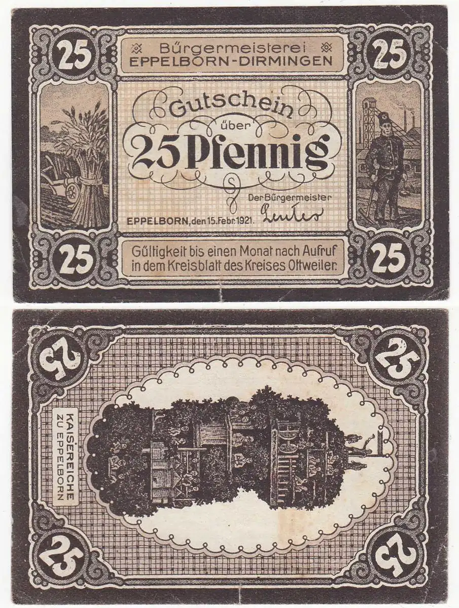 Eppelborn-Dirmingen 25 Pfennig NOTGELD Gutschein 1921   (32294