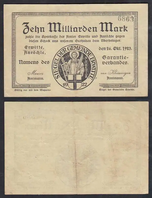 ERWITTE - ANRÖCHTE 10 Milliarden Mark NOTGELD Gutschein 1923    (32297