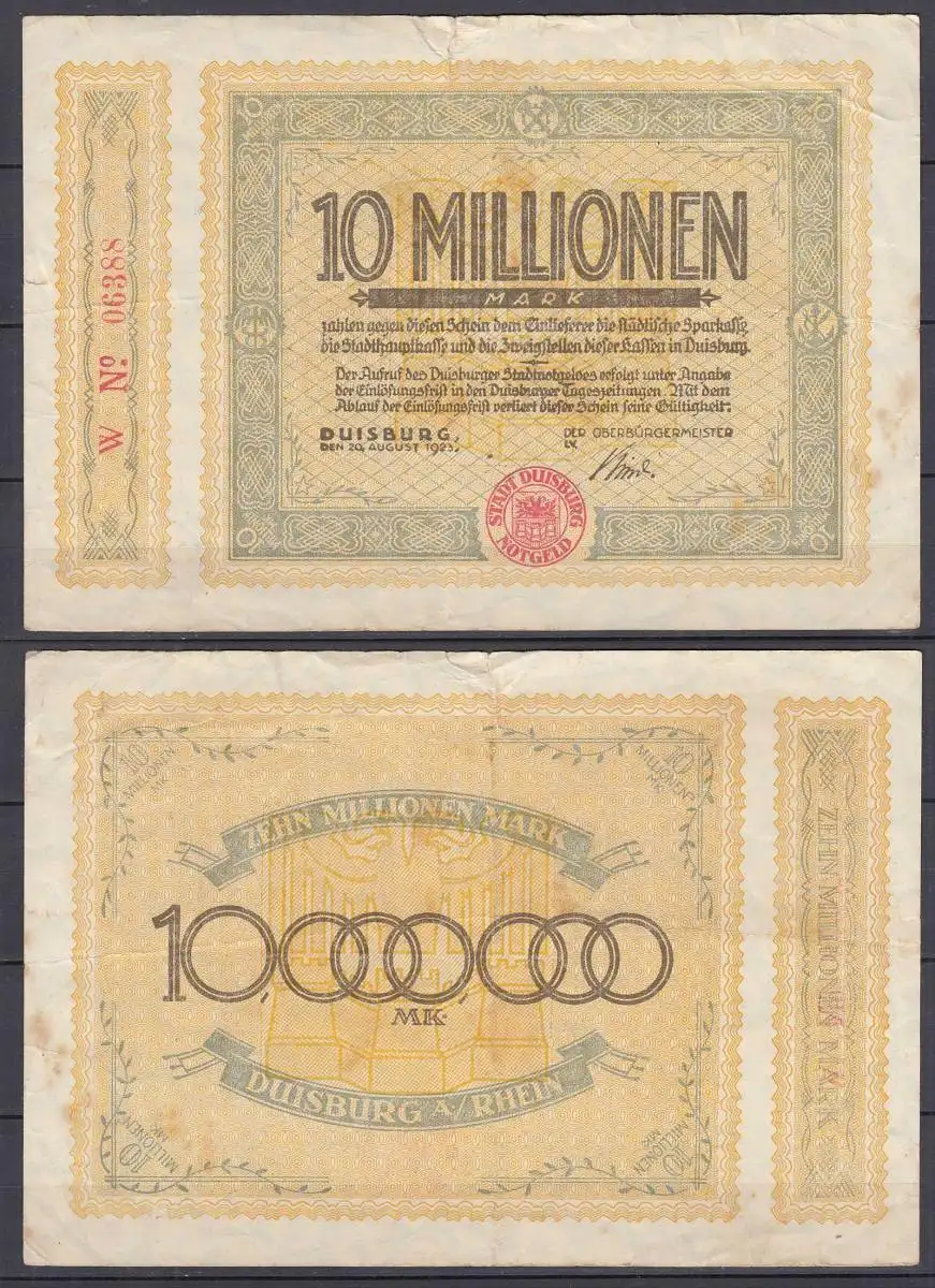 DUISBURG 10 Millionen Mark NOTGELD Gutschein 1923    (32302