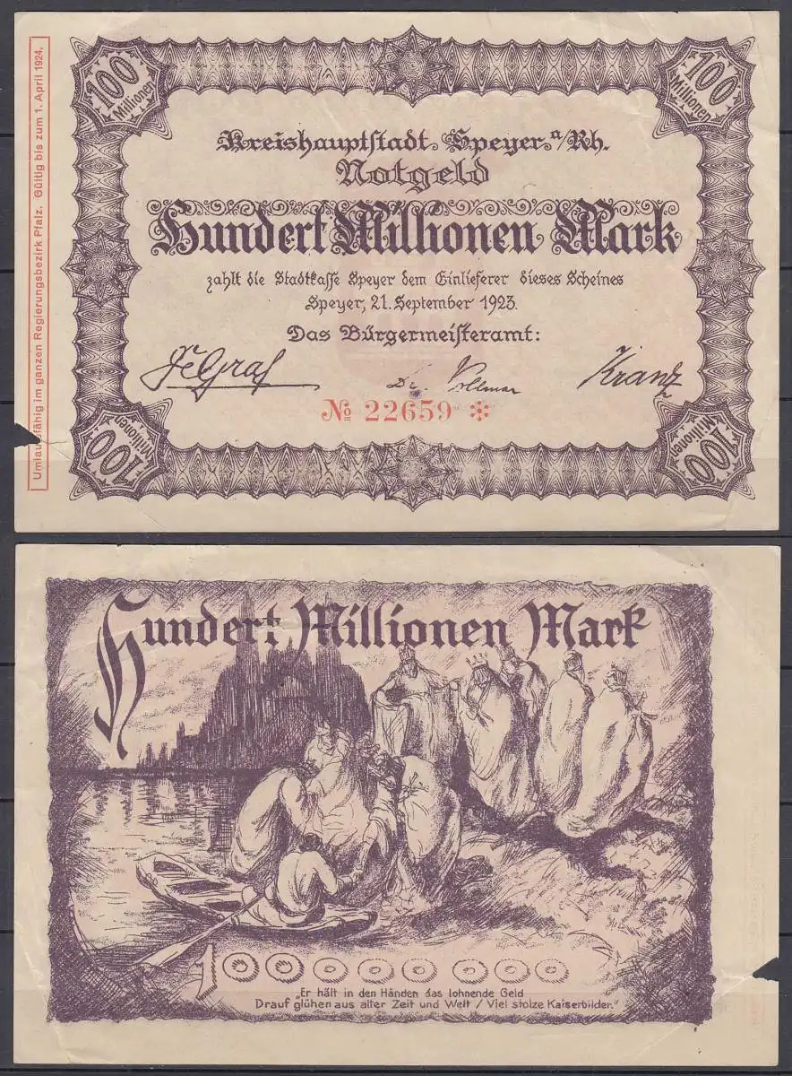 Speyer Kreishauptstadt 100 Millionen Mark NOTGELD Gutschein 1923     (32303