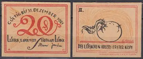 LÜBECK 1921 20 Pfennig Notgeld Gutschein Adlers erster Kopf    (32320