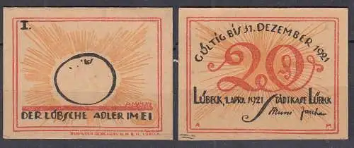 LÜBECK 1921 20 Pfennig Notgeld Gutschein Adler im Ei     (32322