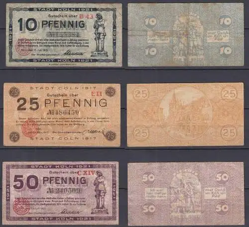 Köln - 10,25,50 Pfennig Notgeld 1917 + 1921 - teils Unterschrift Adenauer (32324