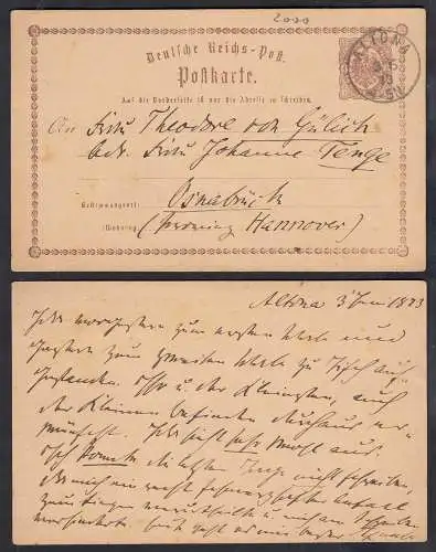 ALTONA Deutsches Reich 1873 1/2 Groschen Postkarte Ganzsache nach Osnabrück