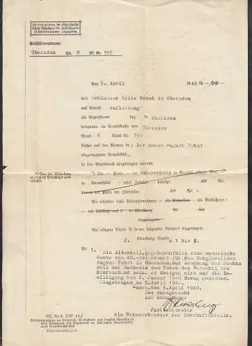 AMTSGERICHT KAMEN OBERADEN 1940 Altenteil-Nachricht an Berginvaliden   (32341
